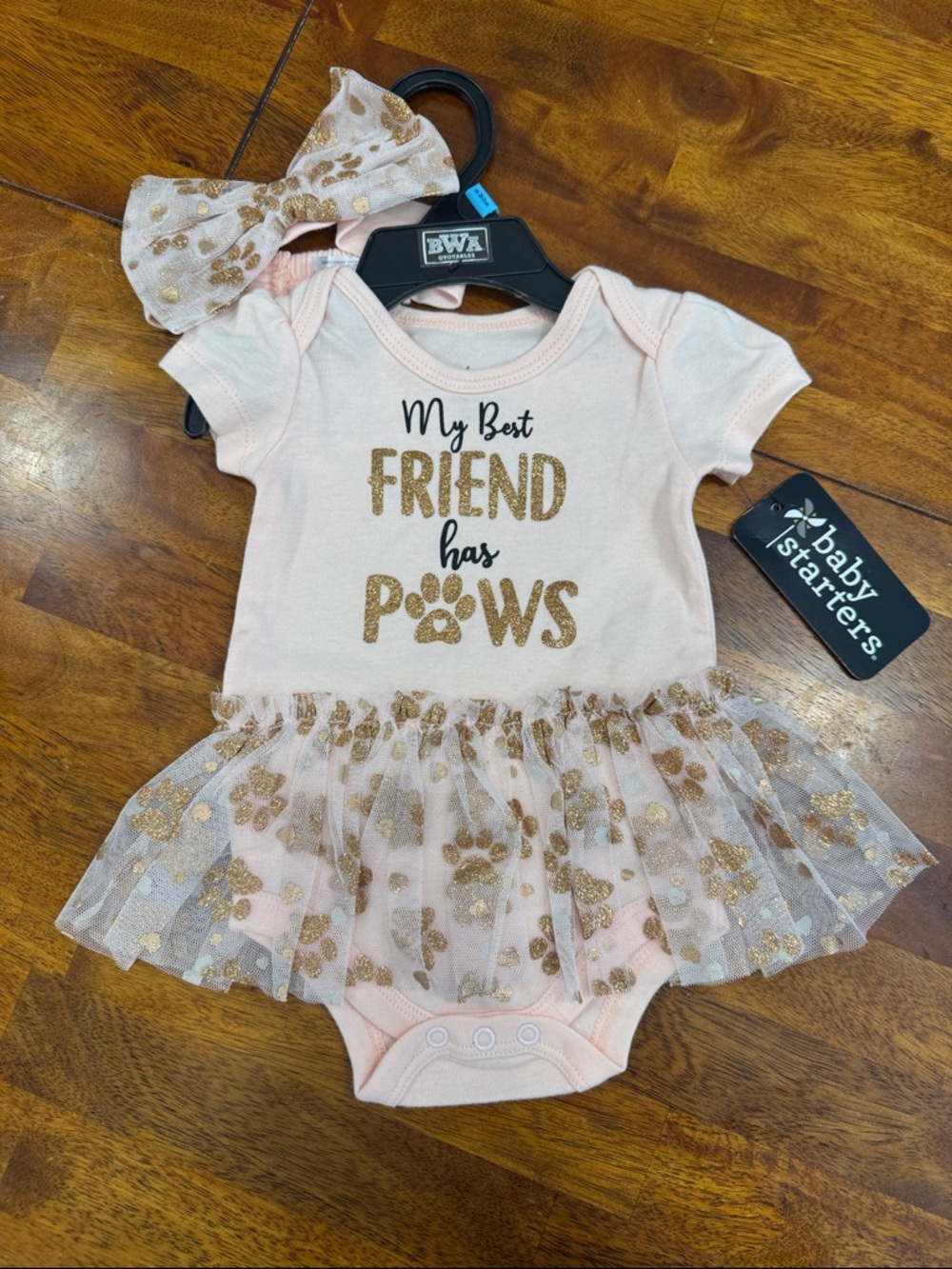 Baby Starters Light Pink Glitter Paw Tutu Bodysuit with Headband